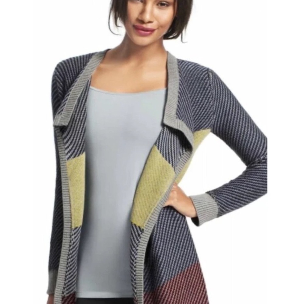 Cabi Colorblock Chevron Open Front Cardigan Sweater Blue Yellow Burgundy Large